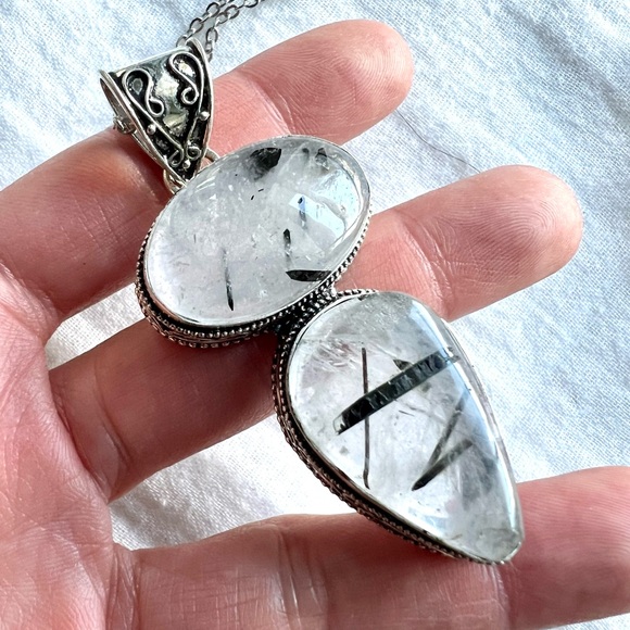 925 Ornamental Black Tourmaline Tourmalated Quartz Pendant Necklace